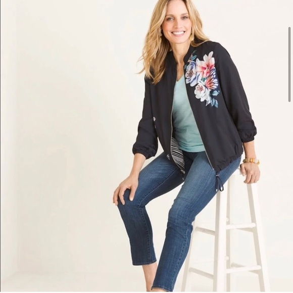 Chico's Reversible Floral Butterfly Cinch Waist Zip Front Bomber Jacket Navy 2 - Picture 1 of 9